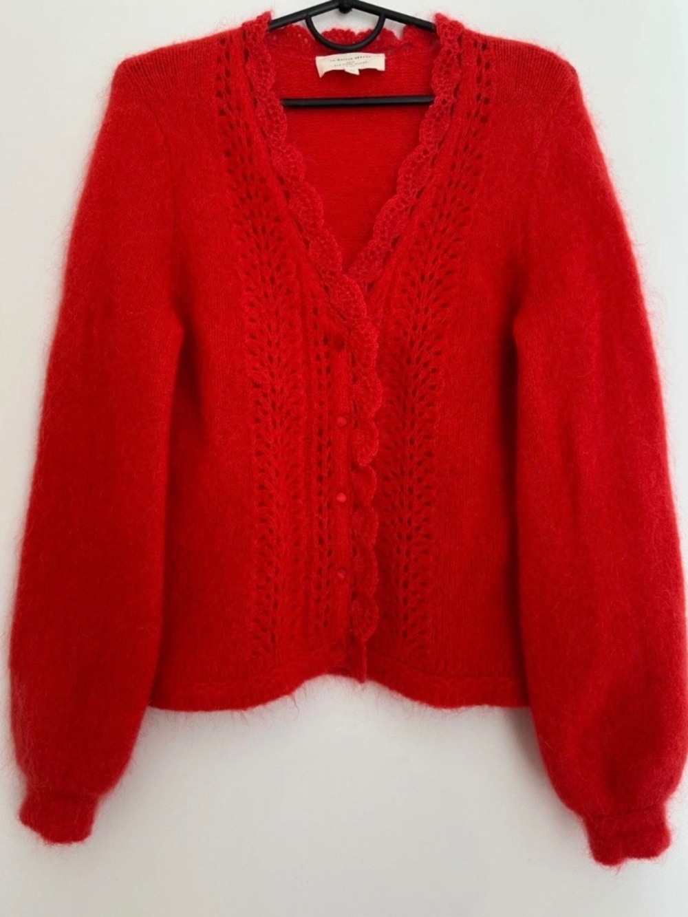 Sezane Angelie Cardigan v neck scallop trim sweater